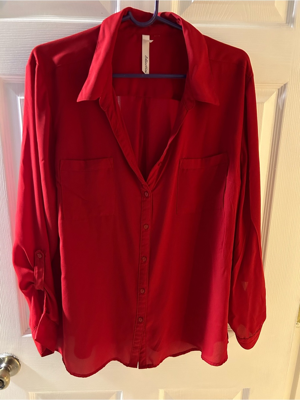 NY Collection Red Featuring Versatile Roll-tab Sleeves and Button-front Size XL